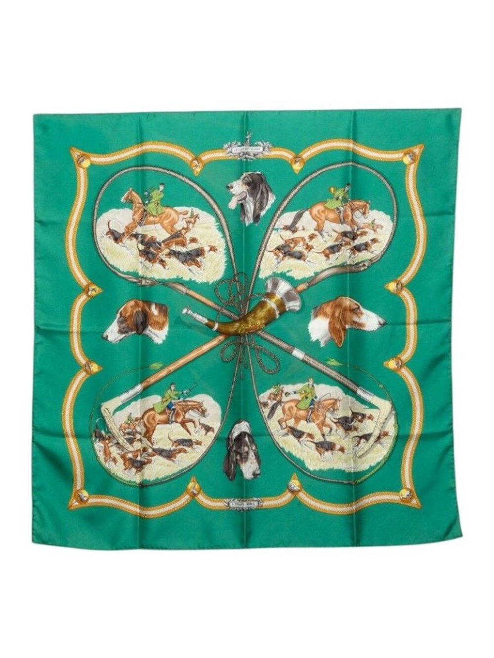 Hermes Carre 90 le Laisser Courre Hound Scarf Green Silk